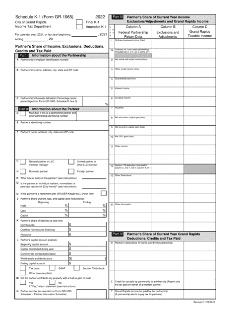 Form GR-1065 Schedule K-1 Partner's Share of Income, Exclusions, Deductions, Credits and Tax Paid - City of Grand Rapids, Michigan, 2022