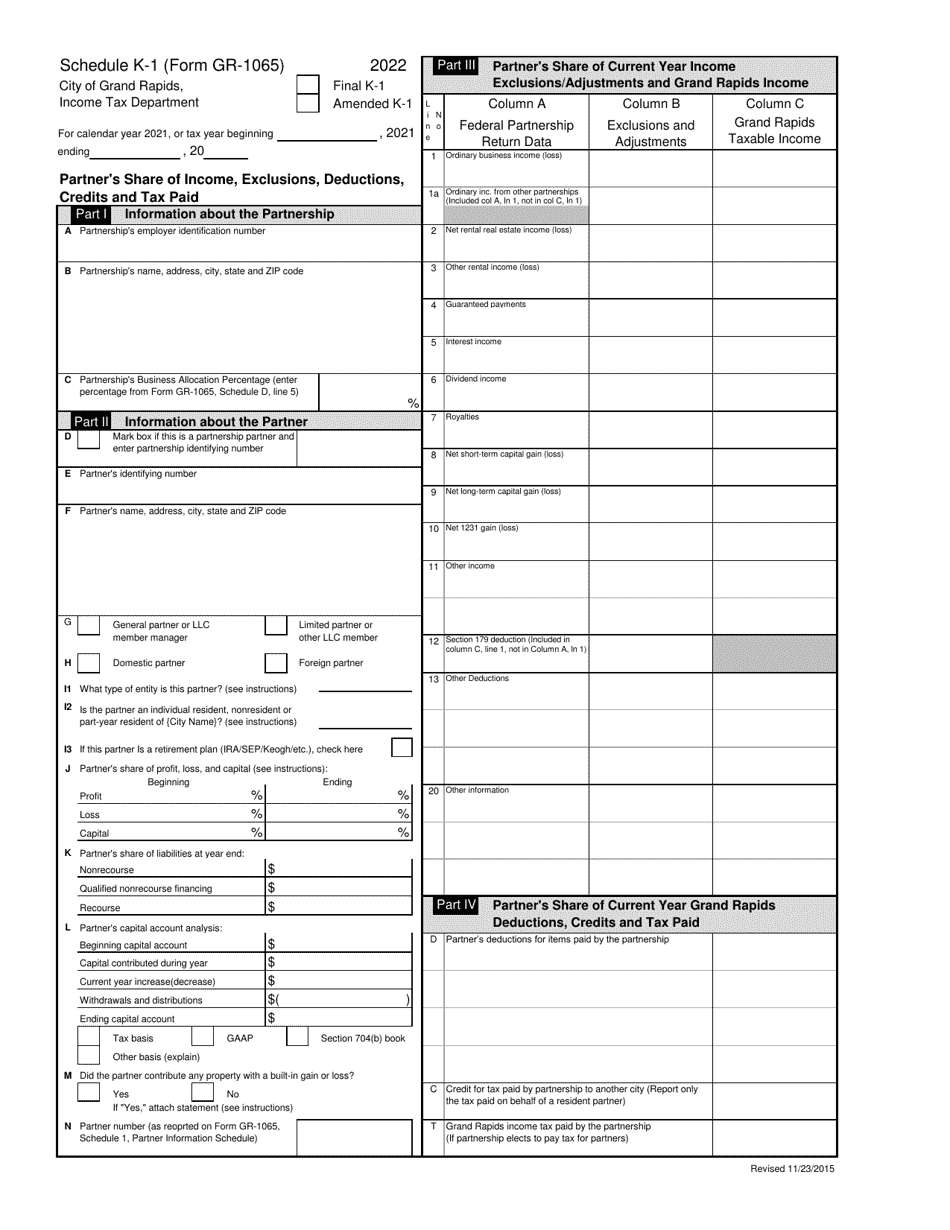 Form GR-1065 Schedule K-1 Partners Share of Income, Exclusions, Deductions, Credits and Tax Paid - City of Grand Rapids, Michigan, Page 1