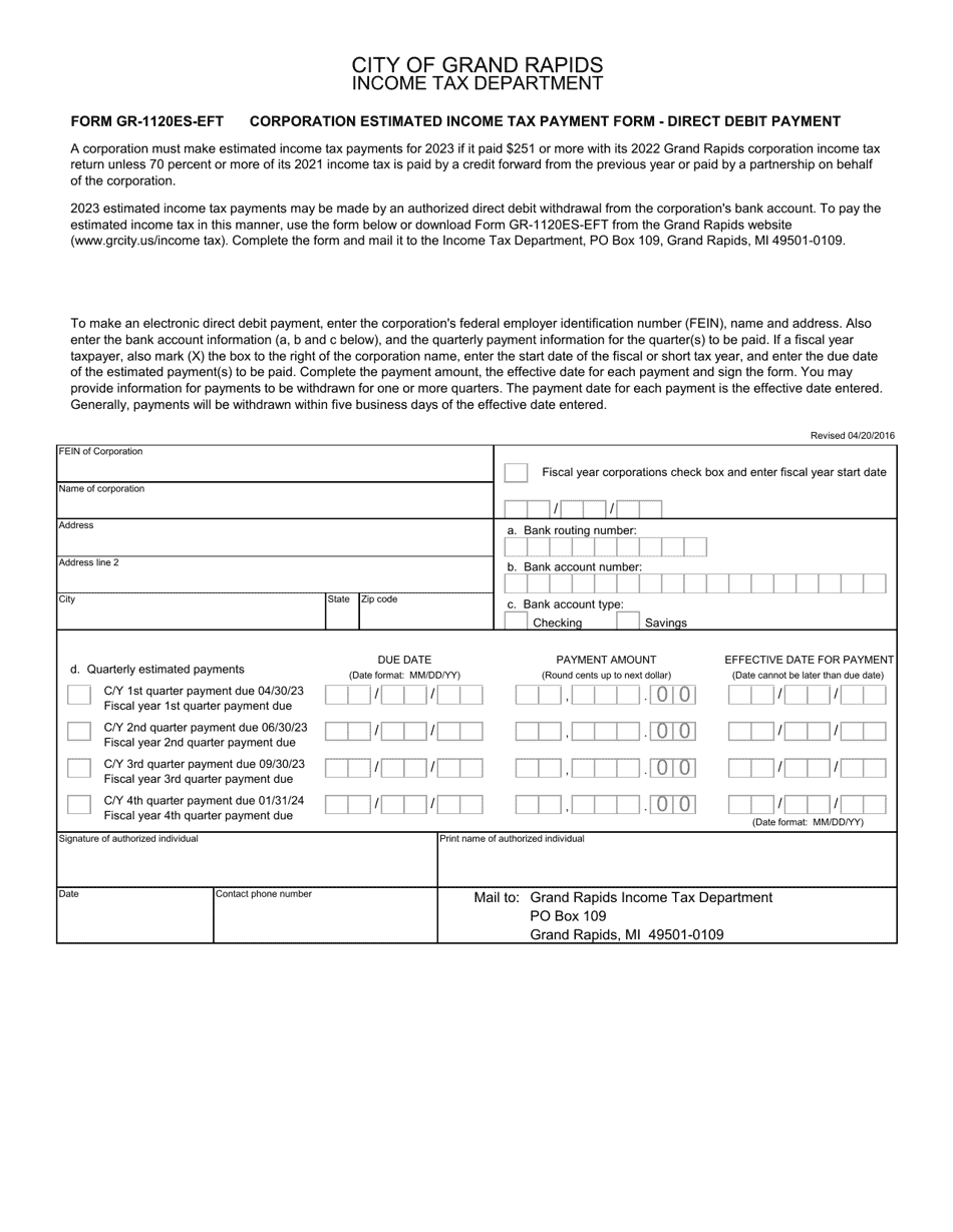 Form GR-1120ES-EFT Corporation Estimated Income Tax Payment Form - Direct Debit Payment - City of Grand Rapids, Michigan, Page 1