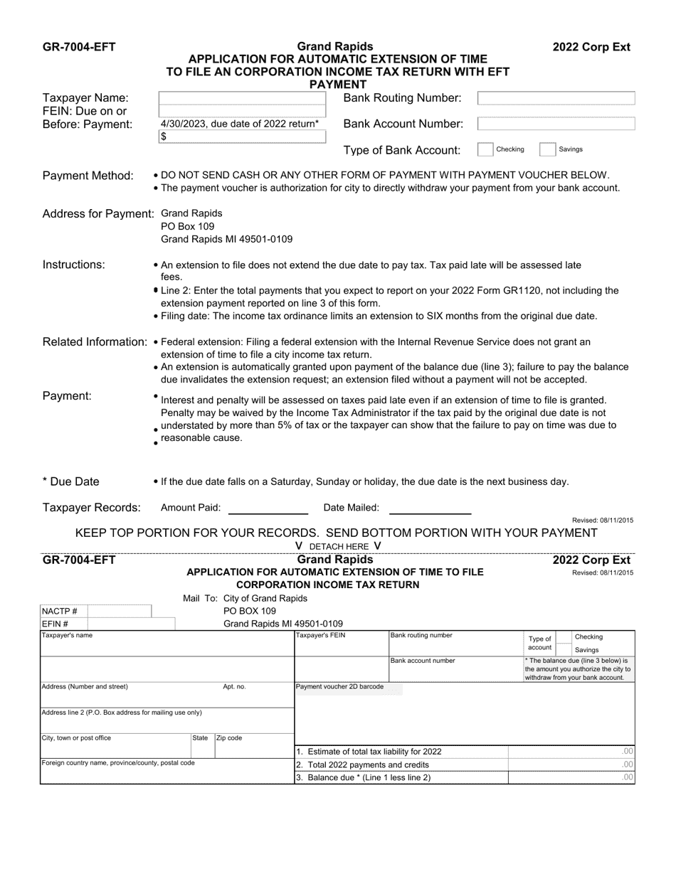 Form GR-7004-EFT Application for Automatic Extension of Time to File an Corporation Income Tax Return With Eft Payment - City of Grand Rapids, Michigan, Page 1