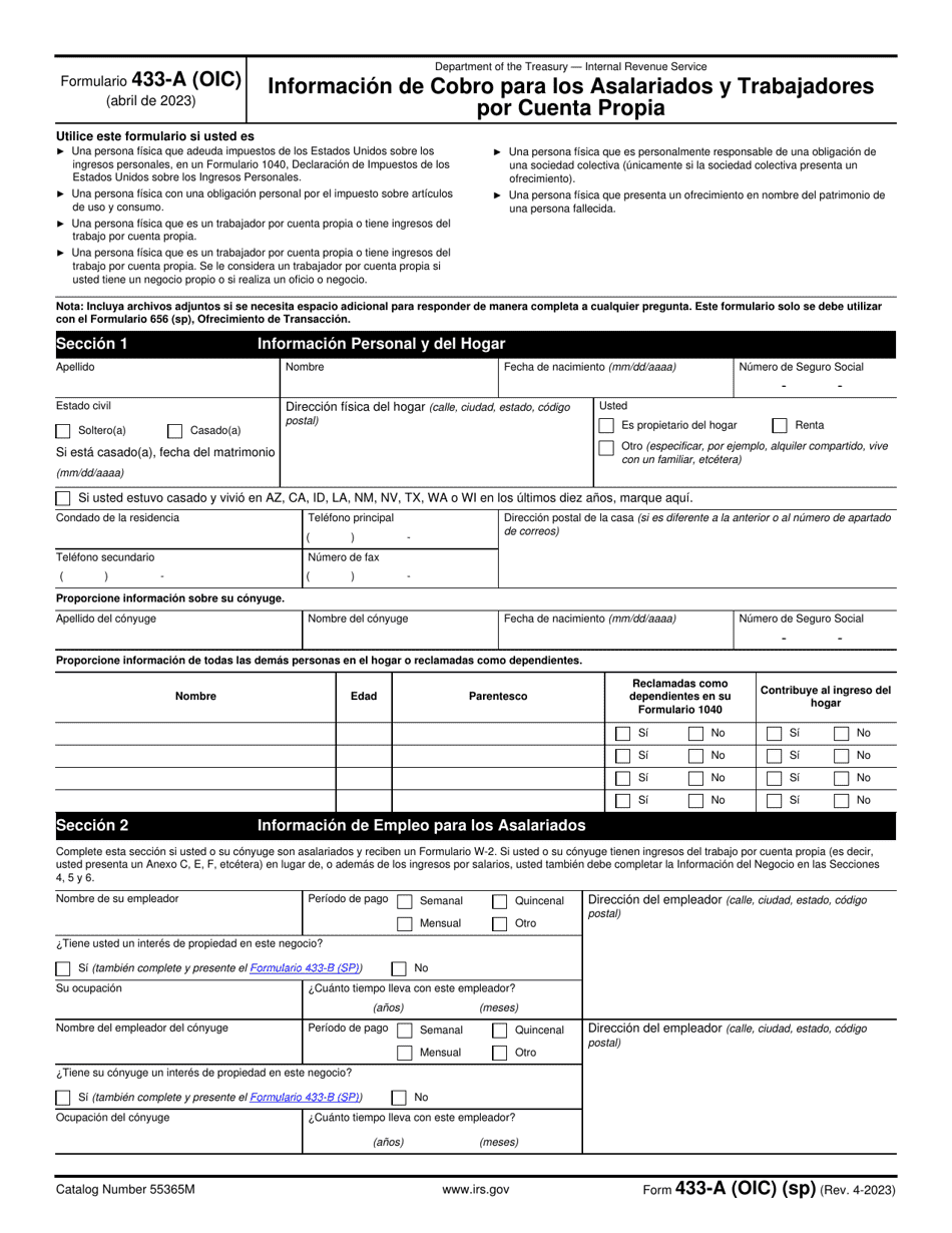 IRS Formulario 433-A (OIC) Informacion De Cobro Para Los Asalariados Y Trabajadores Por Cuenta Propia (Spanish), Page 1