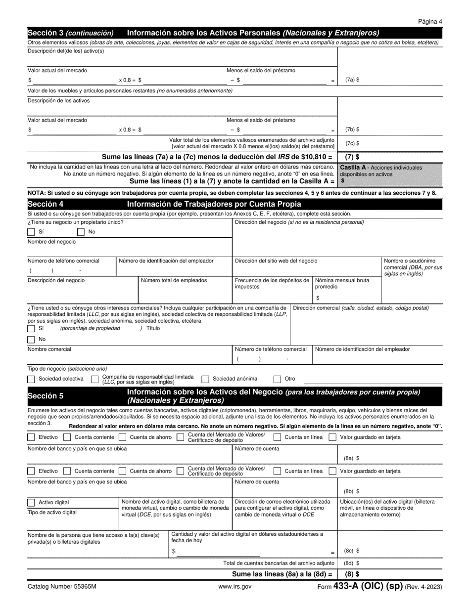IRS Formulario 433-A (OIC) Informacion De Cobro Para Los Asalariados Y Trabajadores Por Cuenta Propia (Spanish), Page 4