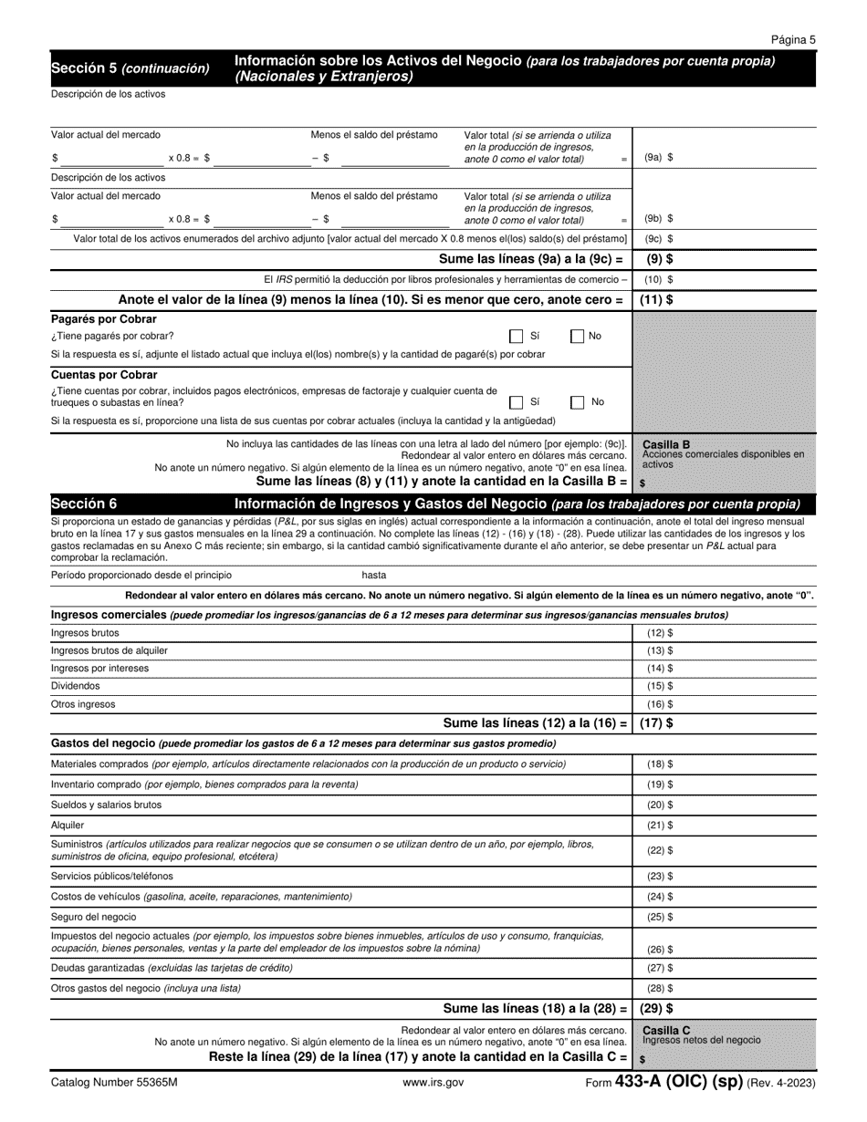 IRS Formulario 433-A (OIC) Informacion De Cobro Para Los Asalariados Y Trabajadores Por Cuenta Propia (Spanish), Page 5