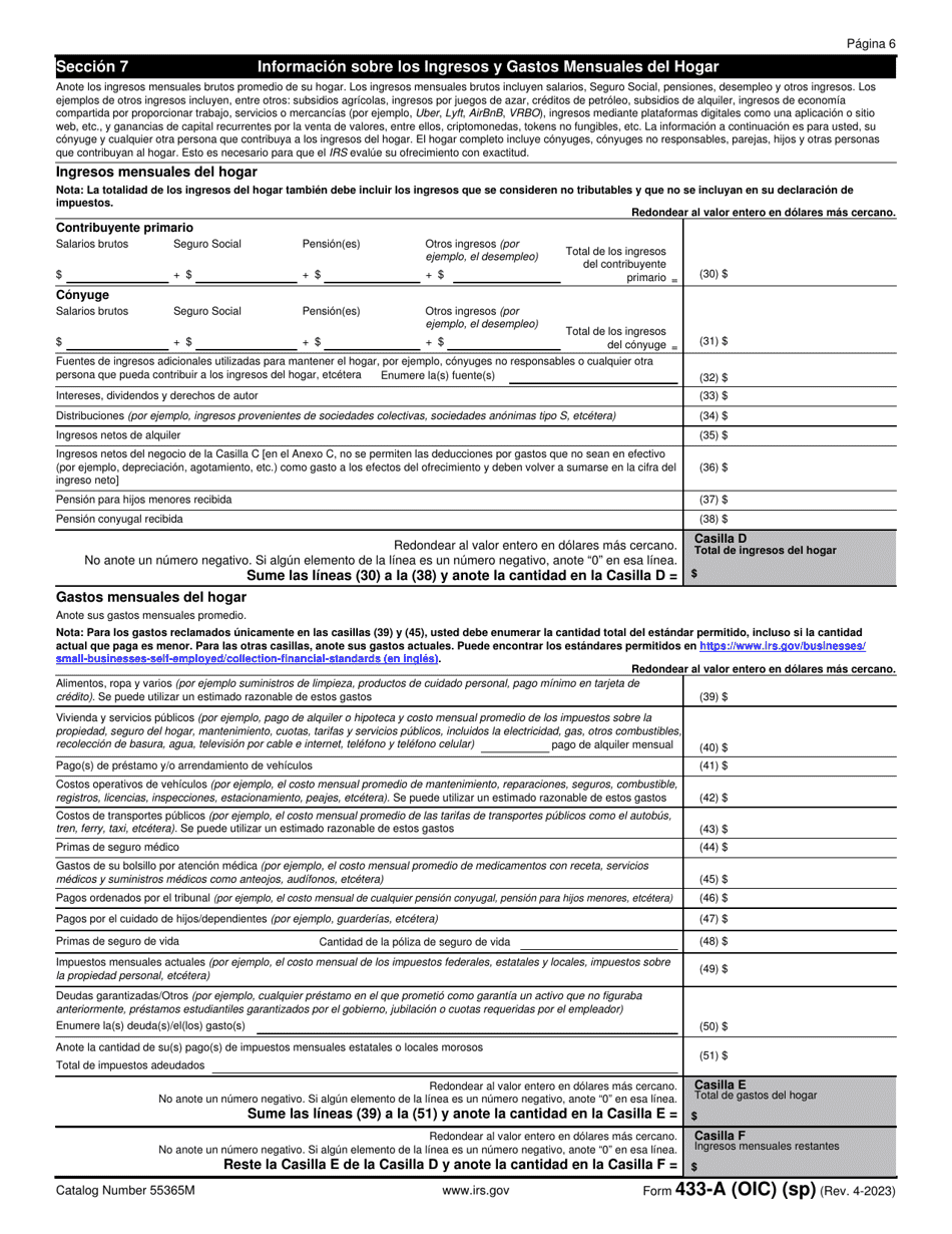 IRS Formulario 433-A (OIC) Informacion De Cobro Para Los Asalariados Y Trabajadores Por Cuenta Propia (Spanish), Page 6