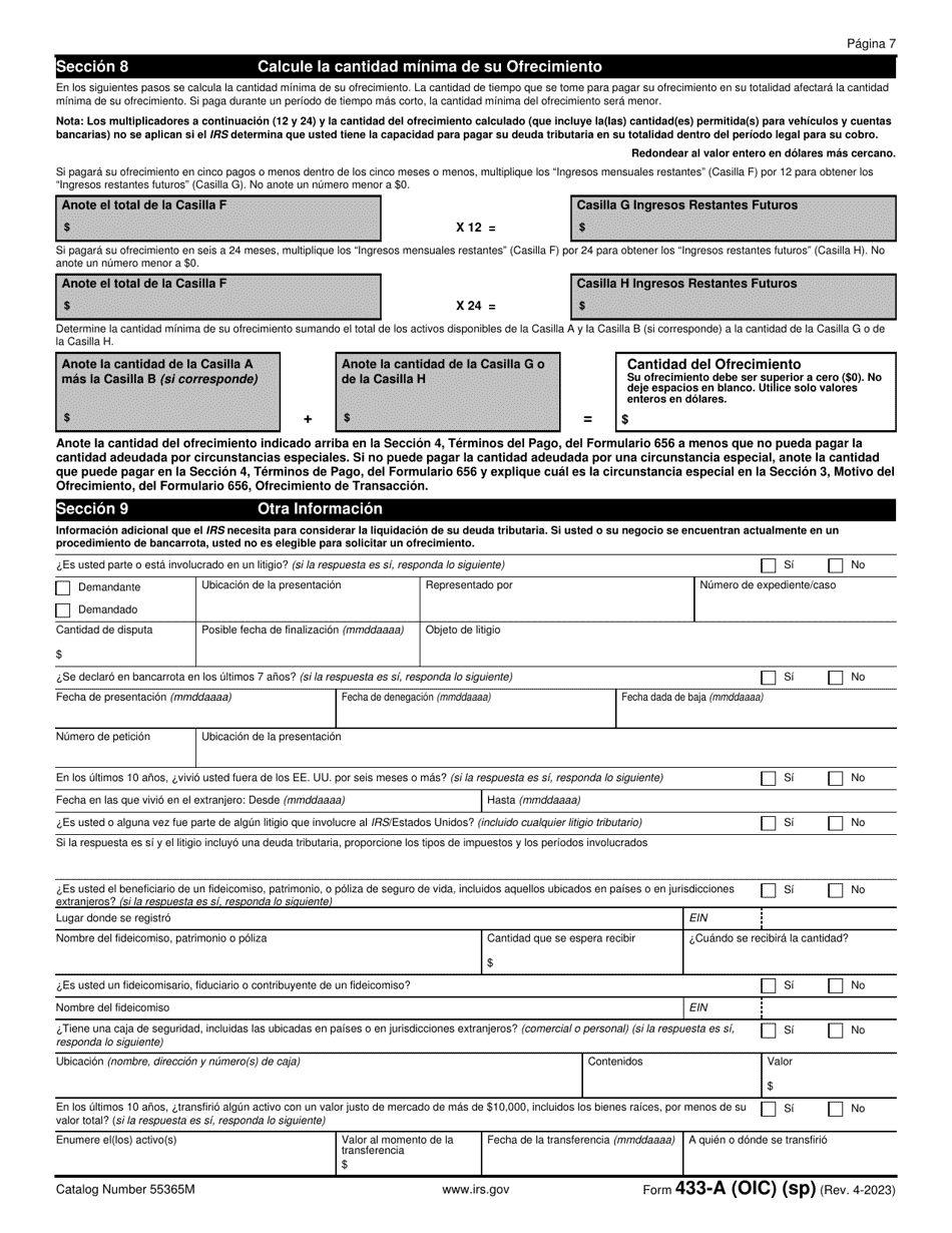 IRS Formulario 433-A (OIC) Informacion De Cobro Para Los Asalariados Y Trabajadores Por Cuenta Propia (Spanish), Page 7