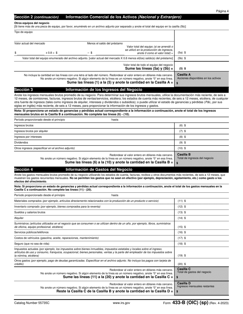 IRS Formulario 433-B (OIC) Informacion De Cobro Para Los Negocios (Spanish), Page 4