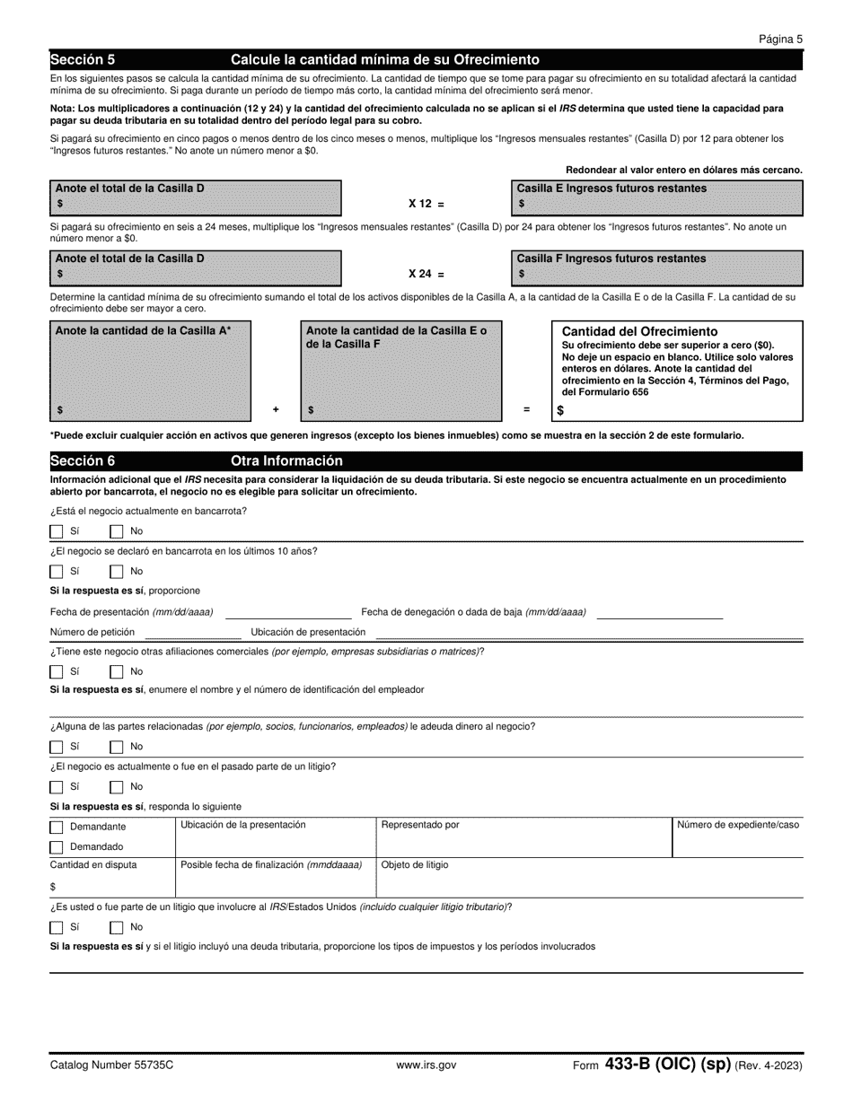IRS Formulario 433-B (OIC) Informacion De Cobro Para Los Negocios (Spanish), Page 5