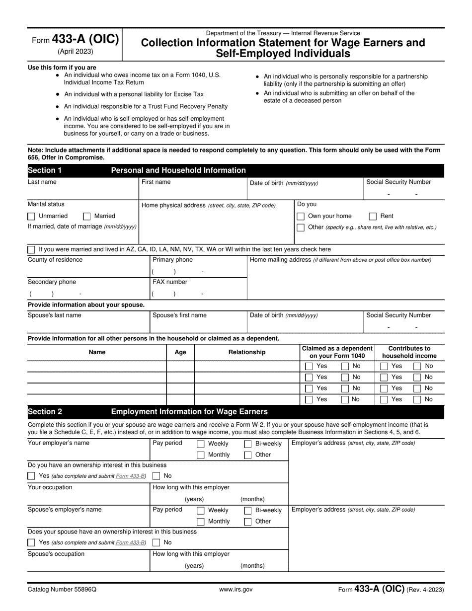 IRS Form 433-A (OIC) Collection Information Statement for Wage Earners and Self-employed Individuals, Page 1