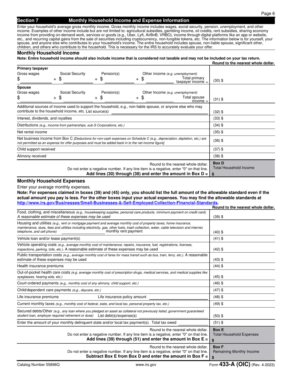 IRS Form 433-A (OIC) Collection Information Statement for Wage Earners and Self-employed Individuals, Page 6