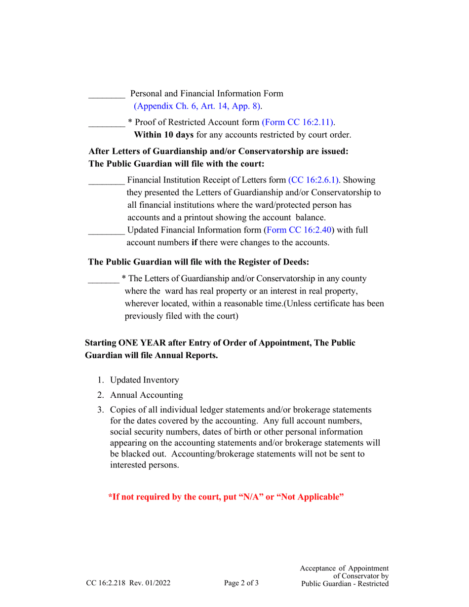 Form CC16:2.218 Acceptance of Appointment of Conservator by the Public Guardian - Restricted - Nebraska, Page 2