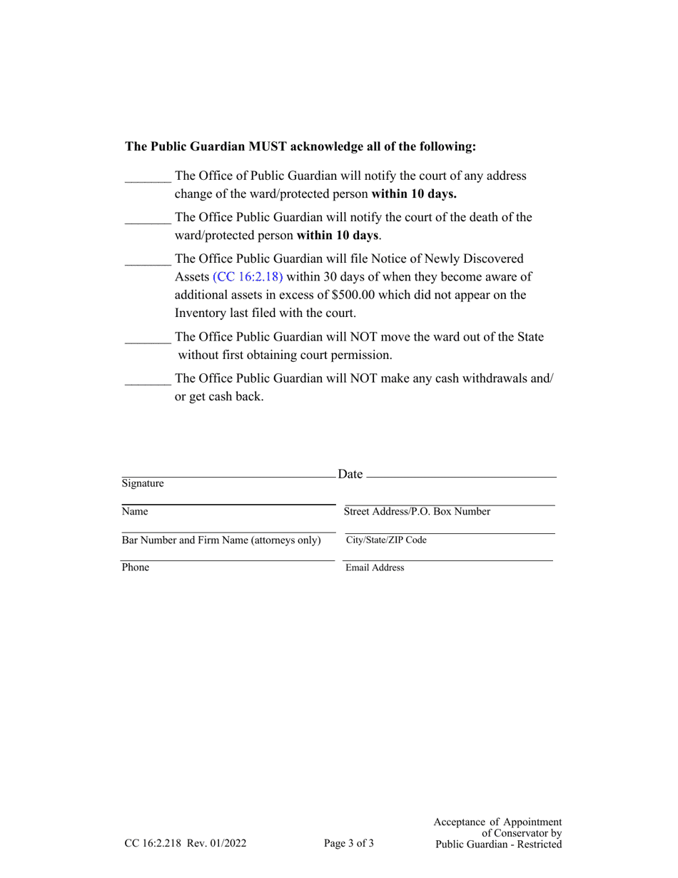 Form CC16:2.218 Acceptance of Appointment of Conservator by the Public Guardian - Restricted - Nebraska, Page 3