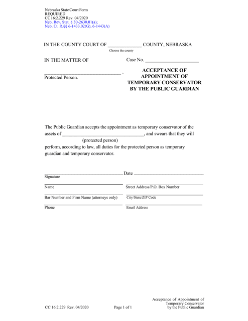 Form CC16:2.229 Acceptance of Appointment of Temporary Conservator by the Public Guardian - Nebraska