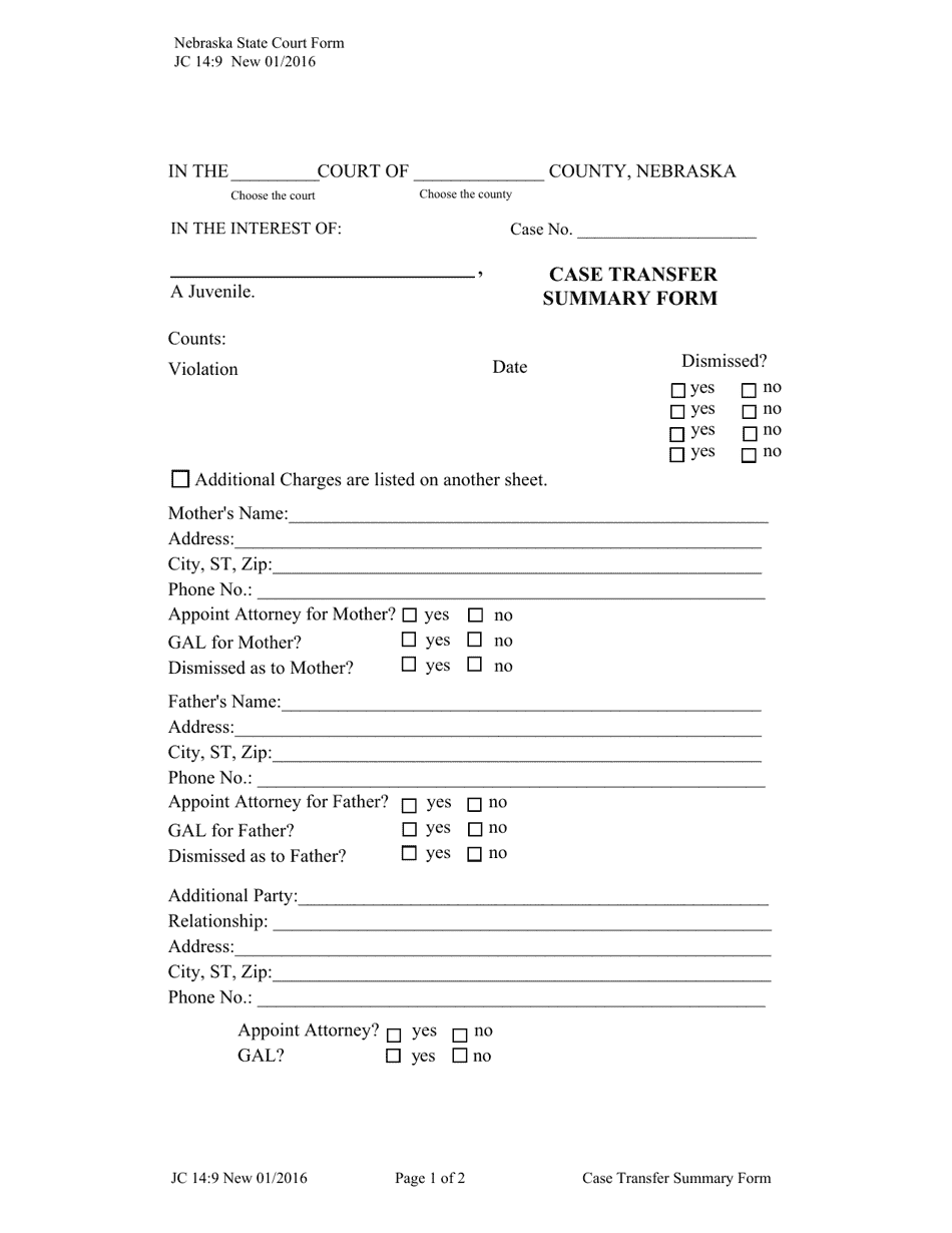 Form JC14:9 Case Transfer Summary Form - Nebraska, Page 1