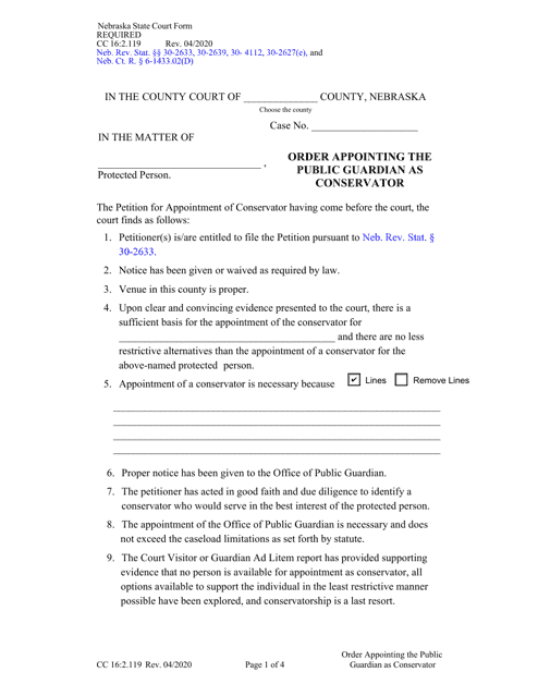 Form CC16:2.119 Order Appointing the Public Guardian as Conservator - Nebraska