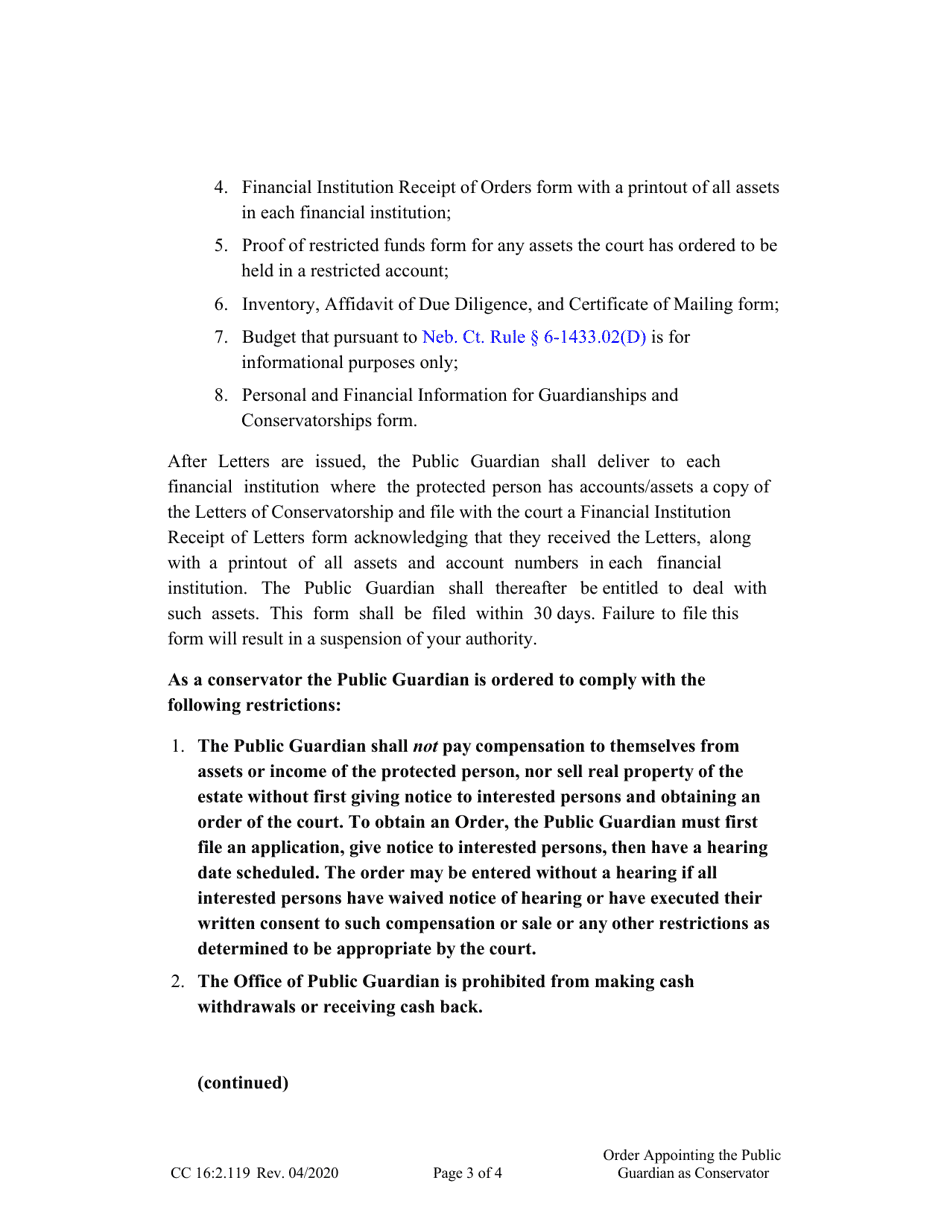 Form CC16:2.119 Order Appointing the Public Guardian as Conservator - Nebraska, Page 3