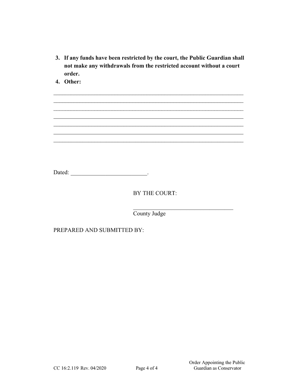 Form CC16:2.119 Order Appointing the Public Guardian as Conservator - Nebraska, Page 4