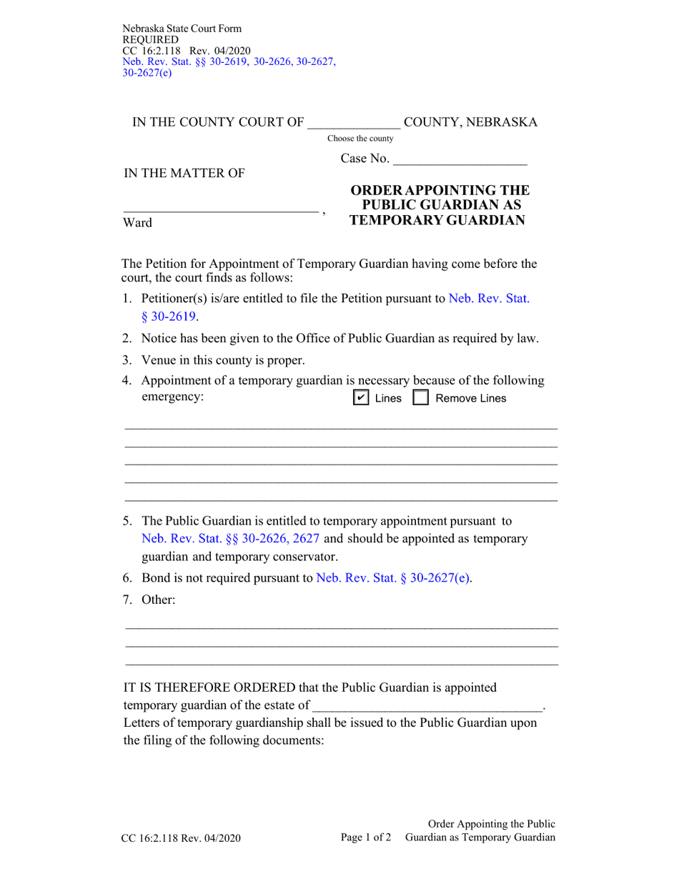 Form CC16:2.118 Order Appointing the Public Guardian as Temporary Guardian - Nebraska, Page 1
