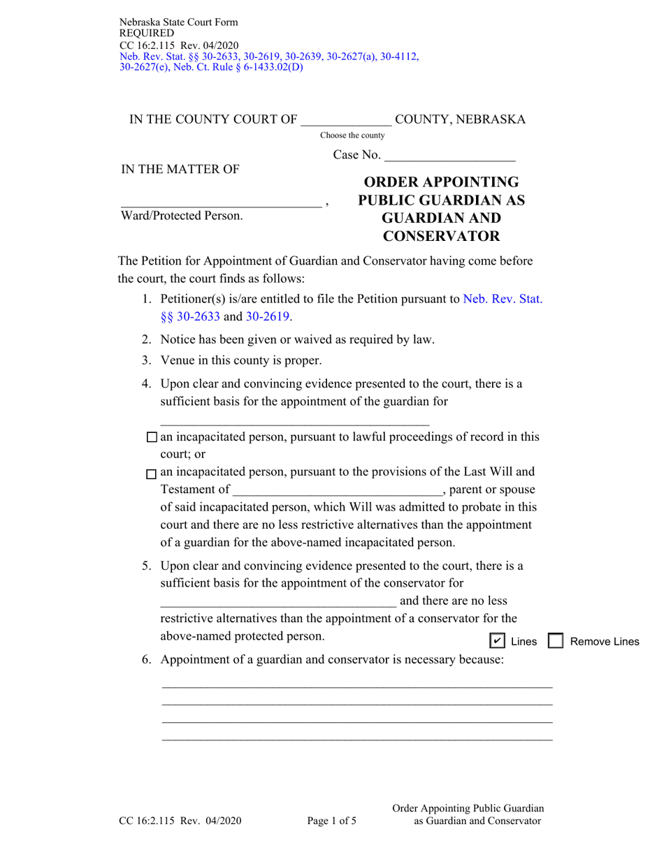 Form CC16:2.115 Order Appointing Public Guardian as Guardian and Conservator - Nebraska, Page 1