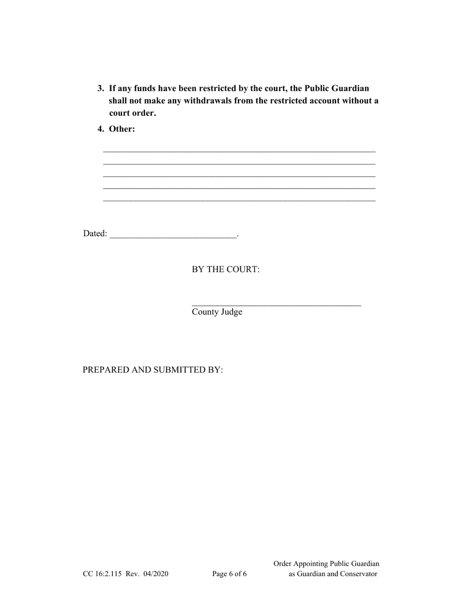 Form CC16:2.115 Order Appointing Public Guardian as Guardian and Conservator - Nebraska, Page 6
