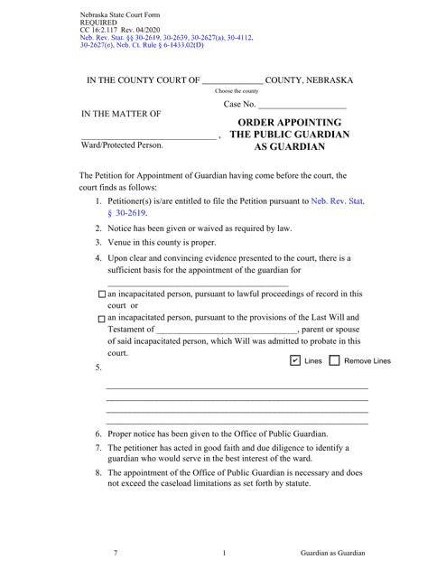 Form CC16:2.117 Order Appointing the Public Guardian as Guardian - Nebraska