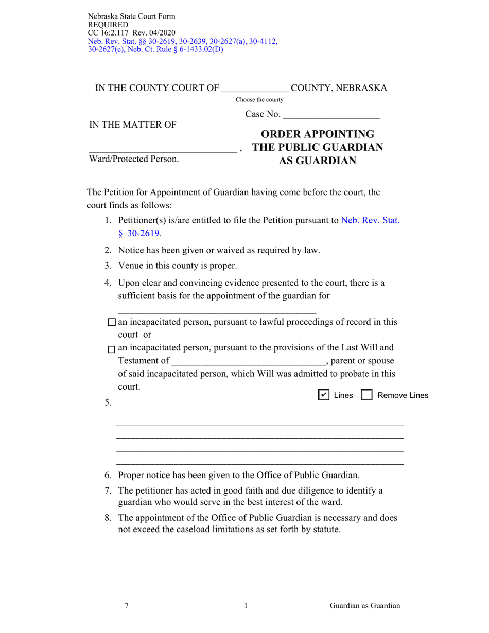 Form CC16:2.117 Order Appointing the Public Guardian as Guardian - Nebraska, Page 1