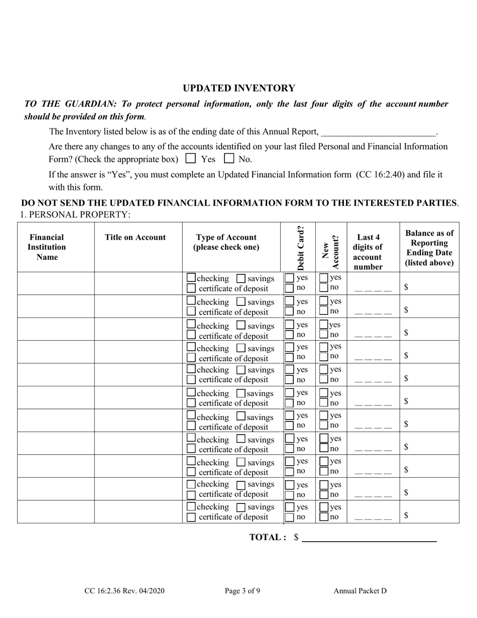 Form CC16:2.36 Annual Packet D - Guardianship and Conservatorship Annual Reporting Forms - Nebraska, Page 5