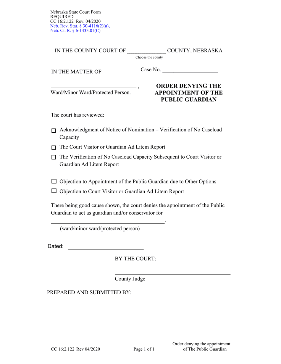 Form CC16:2.122 Order Denying the Appointment of the Public Guardian - Nebraska, Page 1