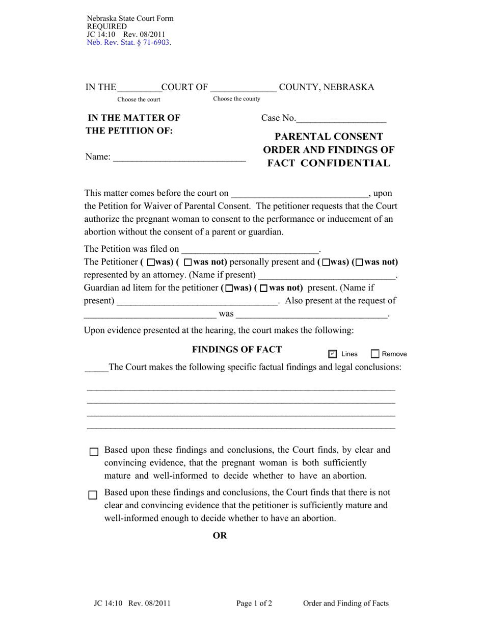 Form JC14:10 Parental Consent Order and Findings of Fact Confidential - Nebraska, Page 1