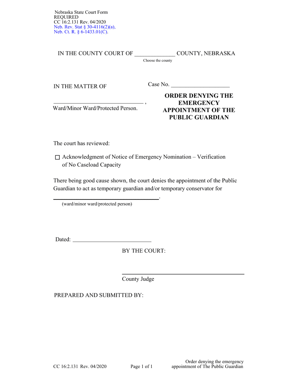 Form CC16:2.131 Order Denying the Emergency Appointment of the Public Guardian - Nebraska, Page 1
