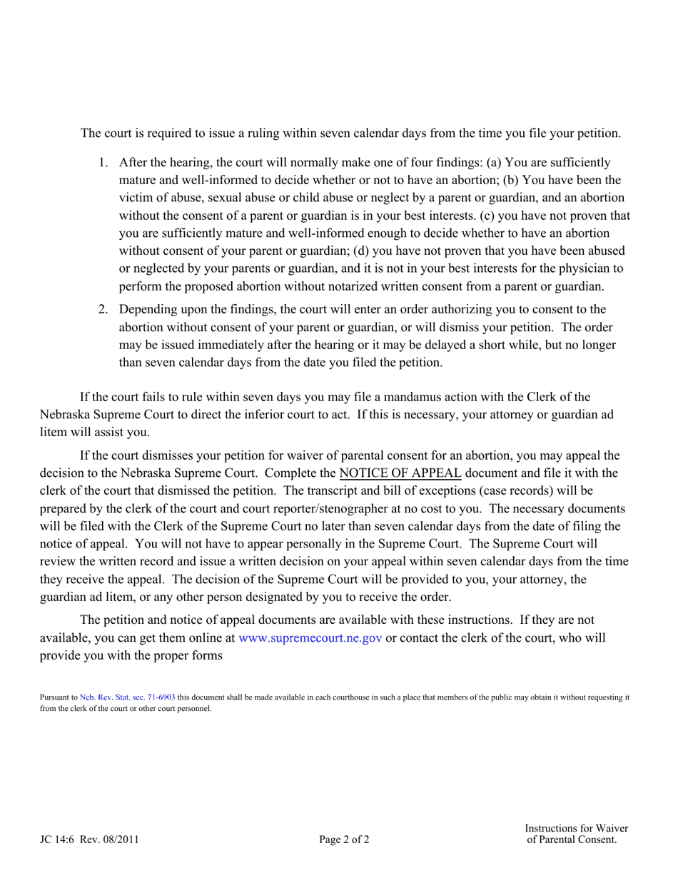 Instructions for Form JC14:7 Petition for Waiver of Parental Consent Confidential - Nebraska, Page 2