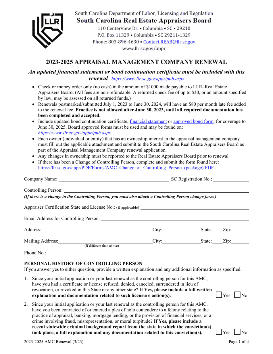 2025 South Carolina Appraisal Management Company Renewal Fill Out