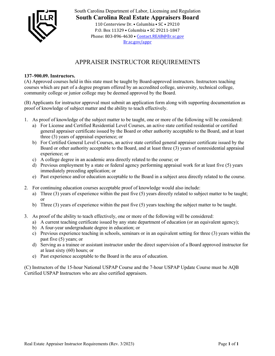South Carolina Sc Real Estate Appraiser Instructor Application Fill