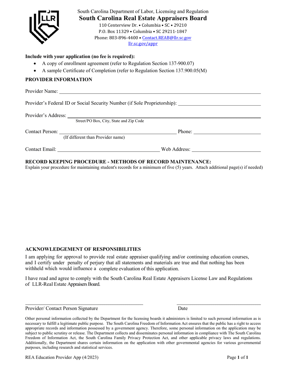 Rea Education Provider Application - South Carolina, Page 1