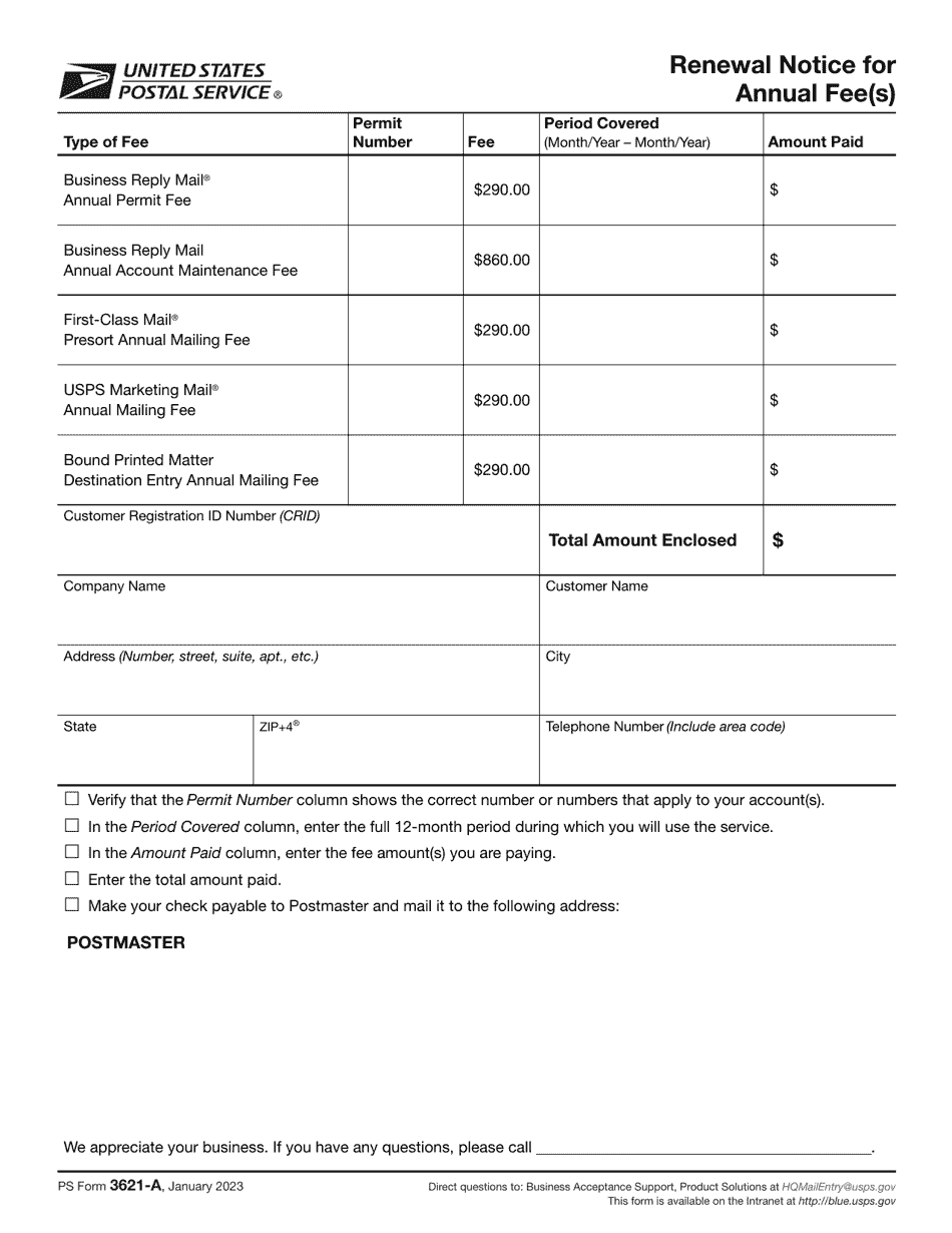 PS Form 3621-A Renewal Notice for Annual Fee(S), Page 1