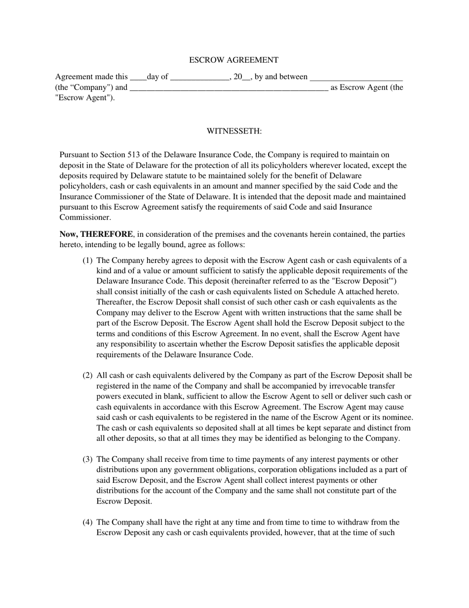 Escrow Agreement - Delaware, Page 1