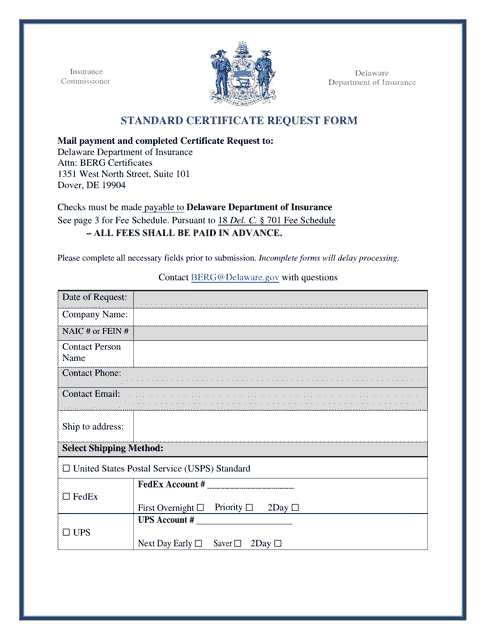 Standard Certificate Request Form - Delaware Download Pdf