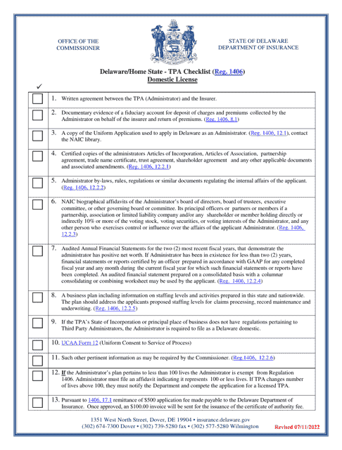 Delaware / Home State - Tpa Checklist (Reg. 1406) - Domestic License - Delaware Download Pdf