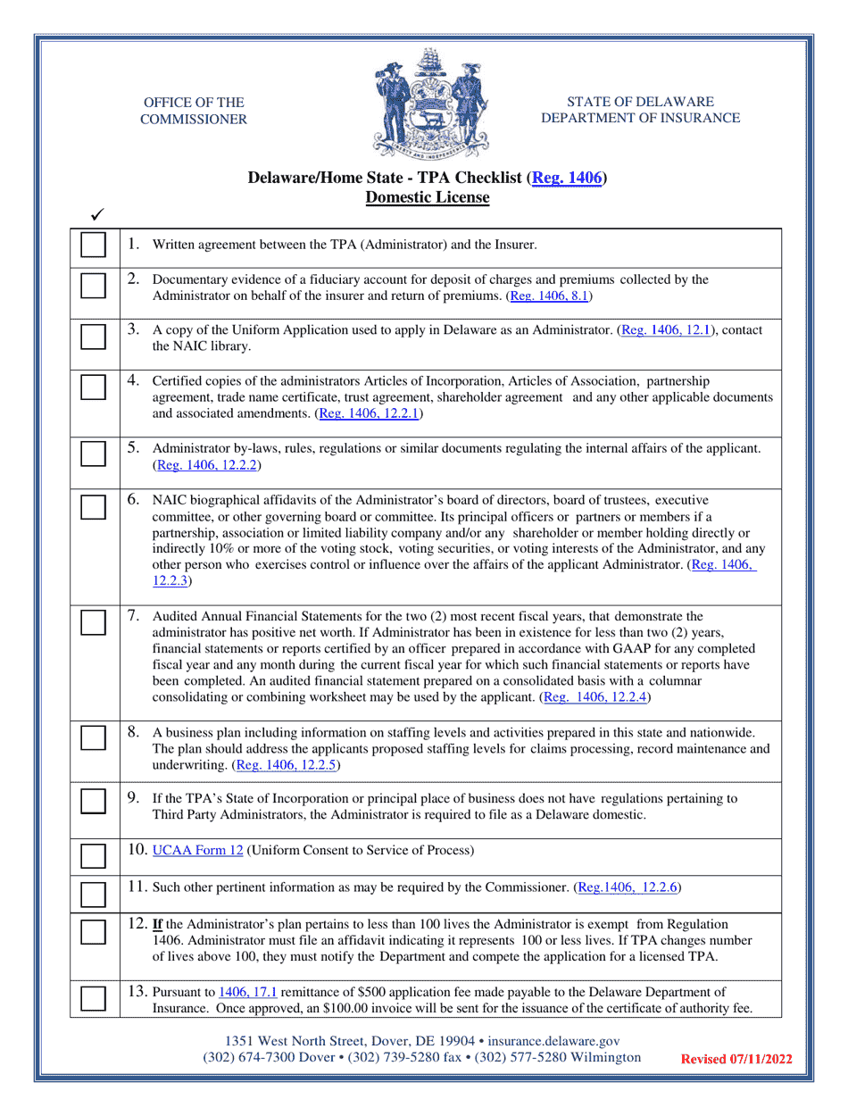 Delaware / Home State - Tpa Checklist (Reg. 1406) - Domestic License - Delaware, Page 1