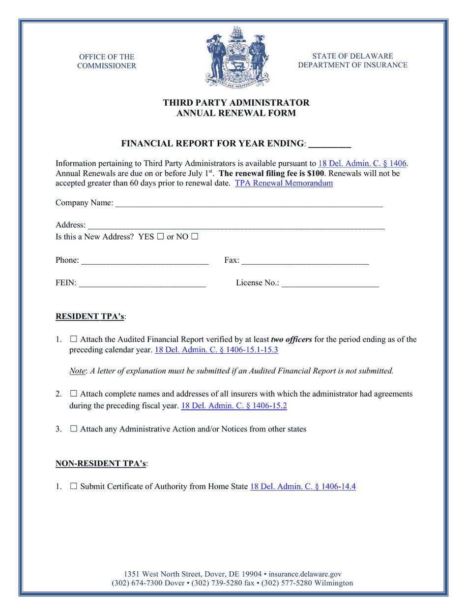 Third Party Administrator Annual Renewal Form - Delaware, Page 1