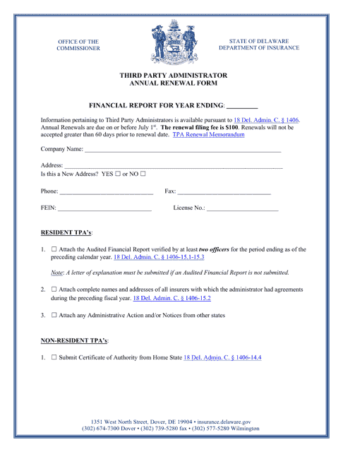 Third Party Administrator Annual Renewal Form - Delaware Download Pdf
