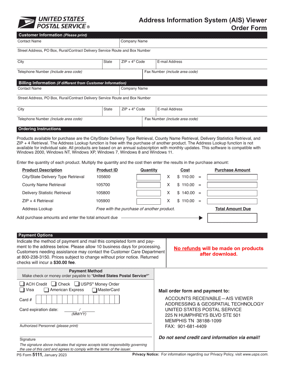 PS Form 5111 Address Information System (Ais) Viewer Order Form, Page 1