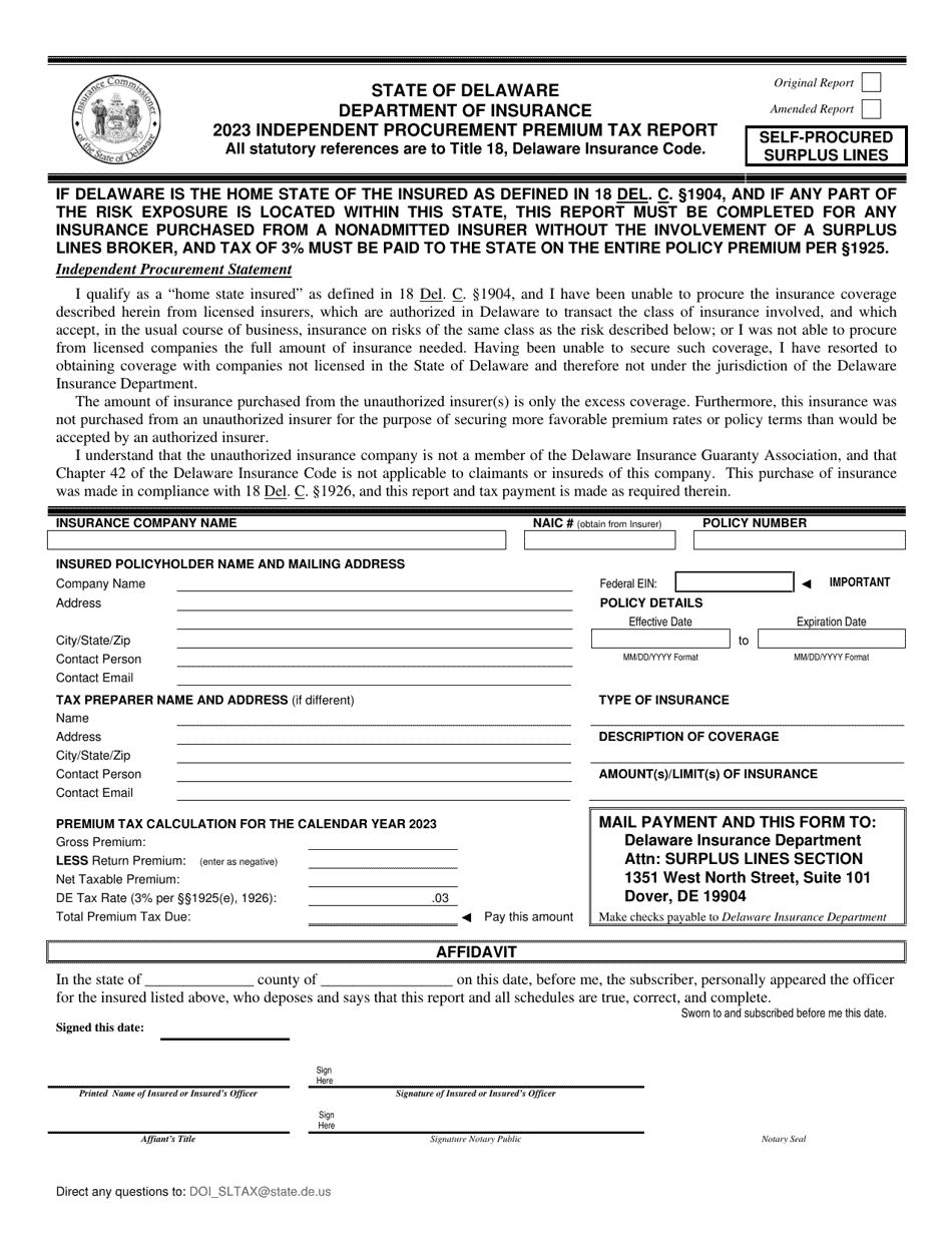 2023 Delaware Independent Procurement Premium Tax Report Self