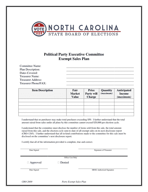 Form CRO-2600 Political Party Executive Committee Exempt Sales Plan - North Carolina