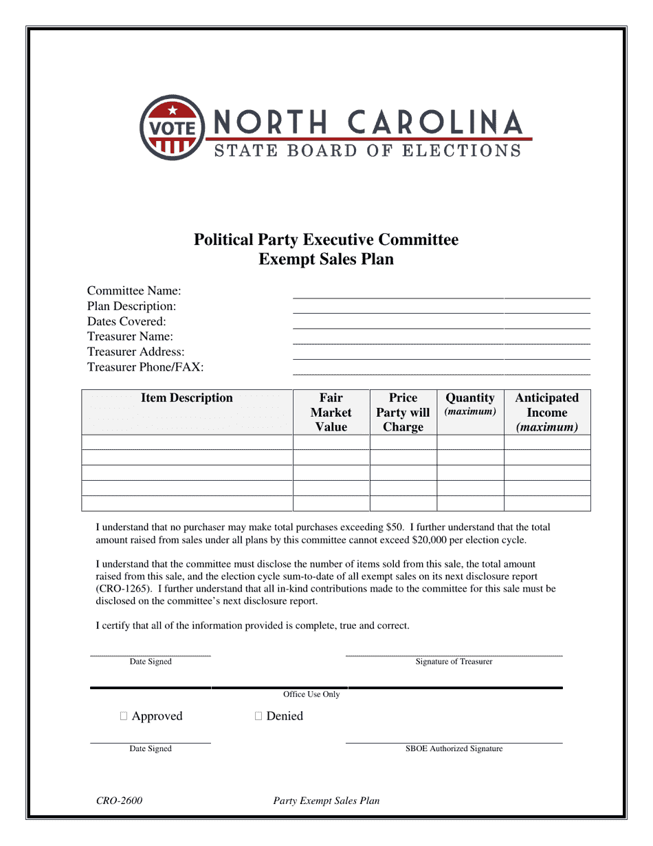 Form CRO-2600 Political Party Executive Committee Exempt Sales Plan - North Carolina, Page 1