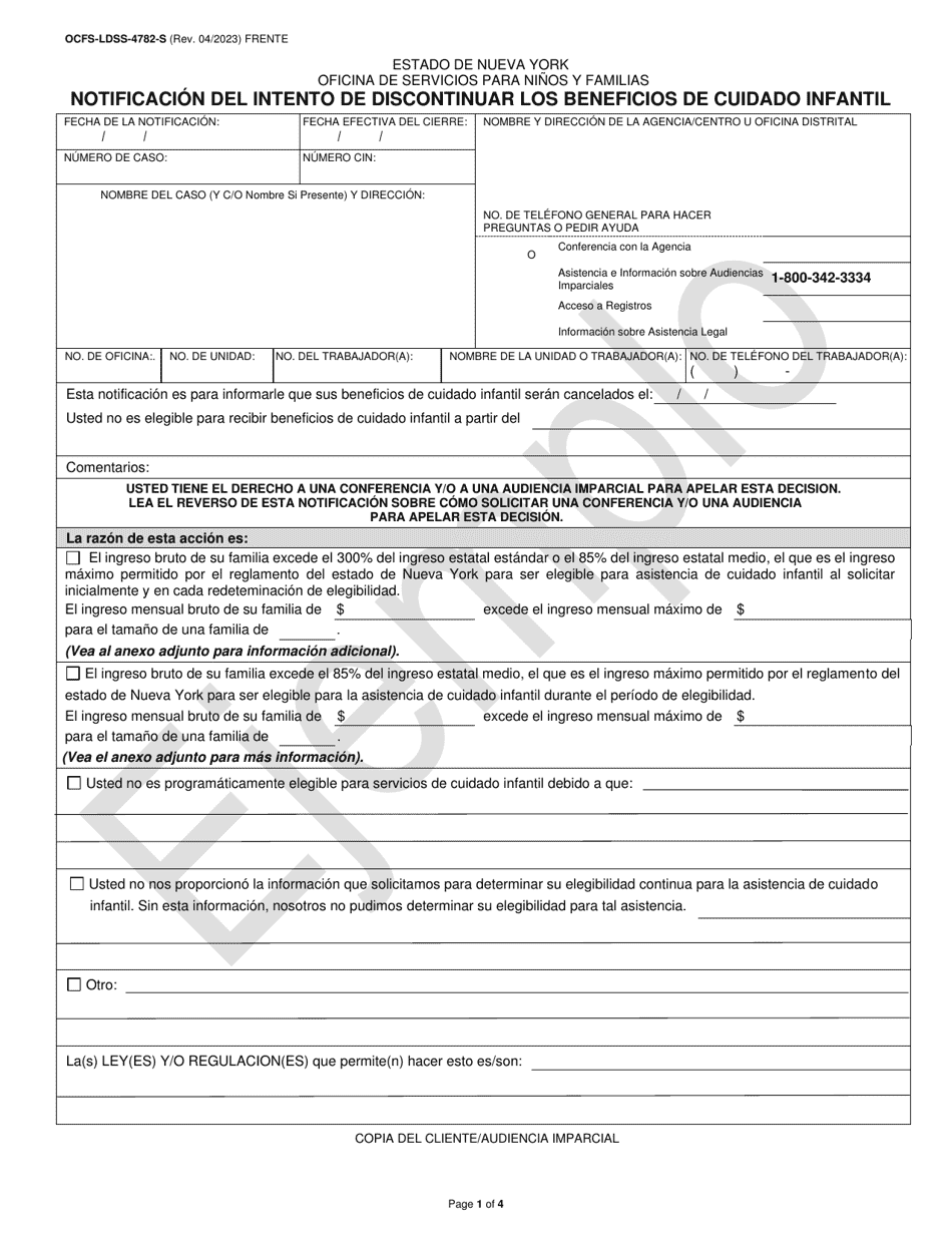 Formulario OCFS-LDSS-4782-S Notificacion Del Intento De Discontinuar Los Beneficios De Cuidado Infantil - Ejemplo - New York (Spanish), Page 1