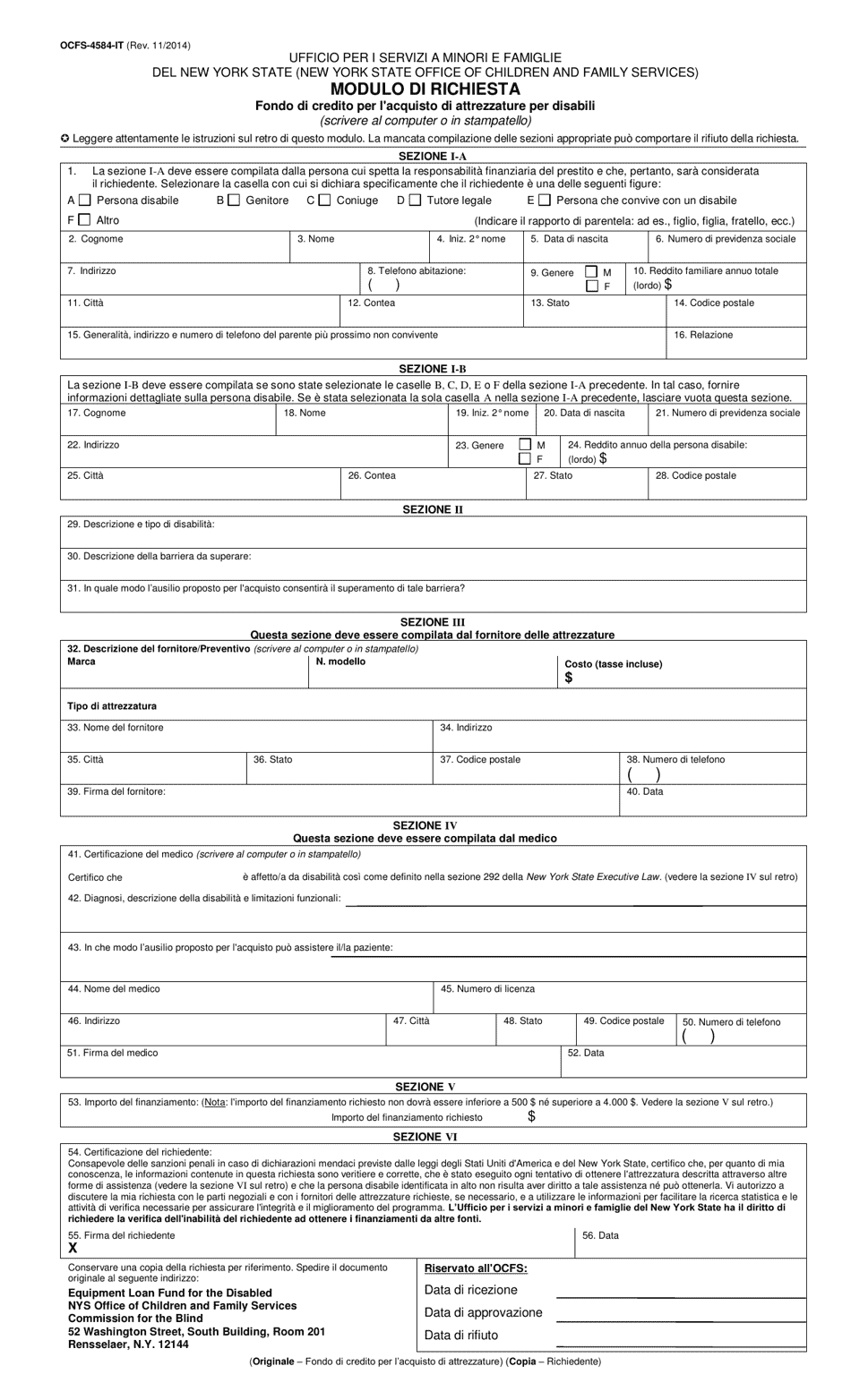 Form OCFS-4584-IT Application Form for Equipment Loan Fund for the Disabled - New York (Italian), Page 1