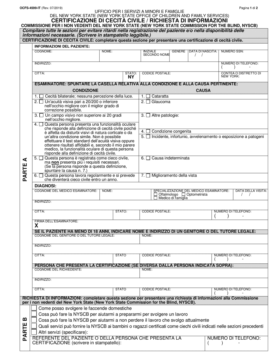 Form OCFS-4599-IT Report of Legal Blindness / Request for Information - New York (Italian), Page 1