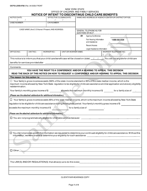 Form OCFS-LDSS-4782 Notice of Intent to Discontinue Child Care Benefits - Sample - New York
