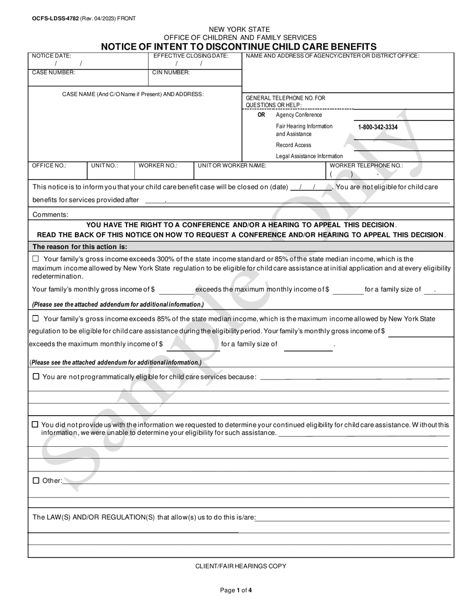 Form OCFS-LDSS-4782 Notice of Intent to Discontinue Child Care Benefits - Sample - New York, Page 1
