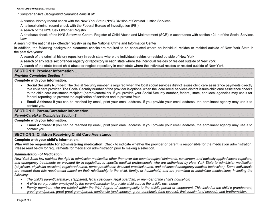 Instructions for Form OCFS-LDSS-4699 Enrollment Form for Provider of Legally Exempt in-Home Child Care and Legally Exempt Family Child Care - New York, Page 2